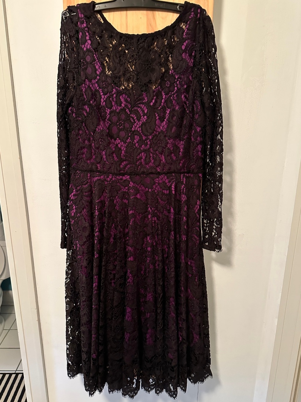 Designer fit & flare black lace dress with purple underlay Size 10